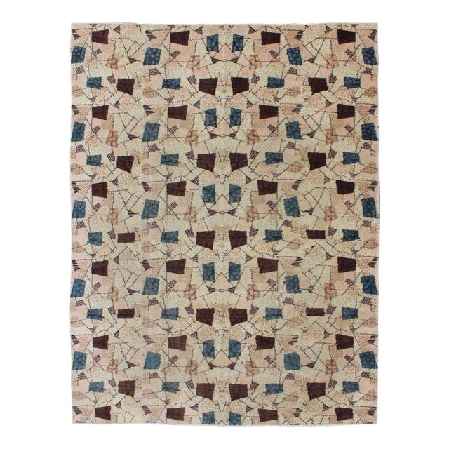 Vintage Turkish Rug With Mid-Century Modern Design in Dusty Blue, Brown, L.Green For Sale