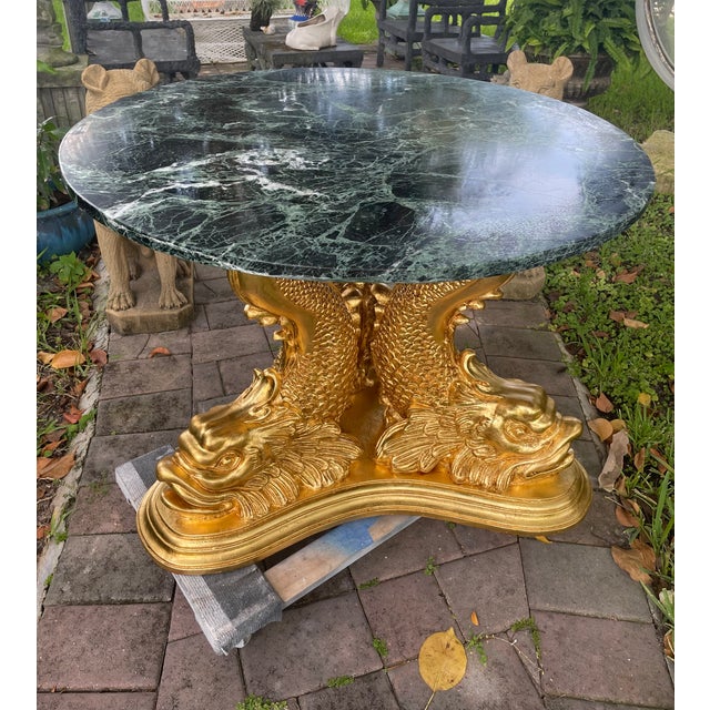 Wood Rare Italian Dolphin Table, Circa 1910–1930, Restored Gold Leaf & Original Green Marble For Sale - Image 7 of 12