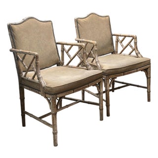 Pair of Vintage Hollywood Regency Chinese Chippendale Faux Bamboo Armchairs in Suede Leather With Nailhead Trim, Circa 1970s For Sale