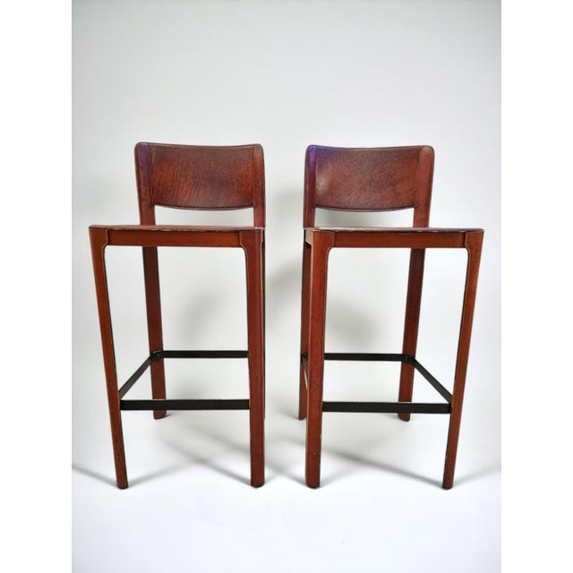 Brick Red 1980s Matteo Grassi Leather Bar Stools- a Pair For Sale - Image 8 of 12