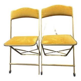 Pair of Vintage Gold Velvet Folding Bridge Chairs For Sale