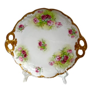Antique 1900s Jean Pouyat Limoges Hand-Painted Handled Cake Plate - Pink Roses For Sale