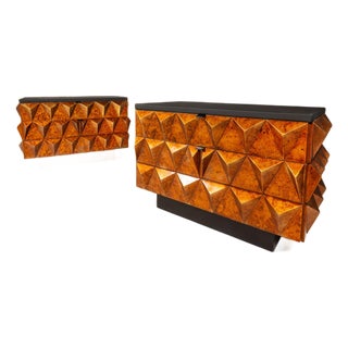 Set of Two (2) Futuristic Brutalist Italian Modern Sculptural Diamond Faced End Tables With Leather Tops, Italy, C. 1970s For Sale