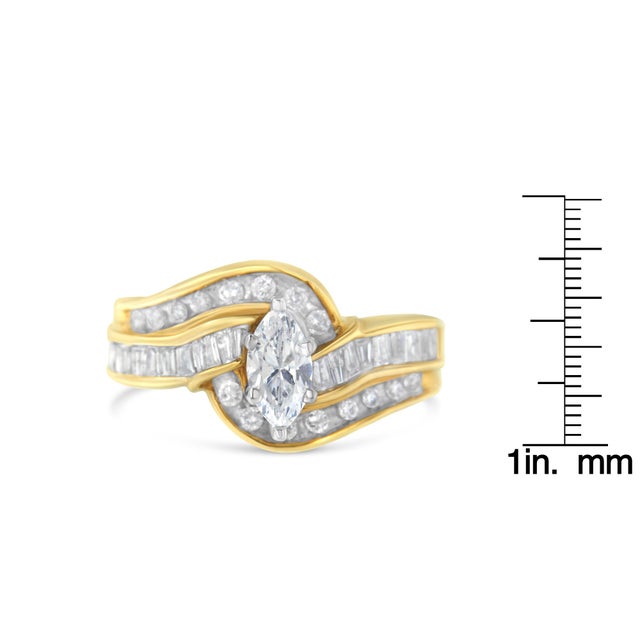 14KT Two-Toned Gold Marquise, Baguette and Round Cut Diamond Bypass Ring (1 cttw, H-I Color, SI1-SI2 Clarity) - Size 7 For Sale In New York - Image 6 of 6