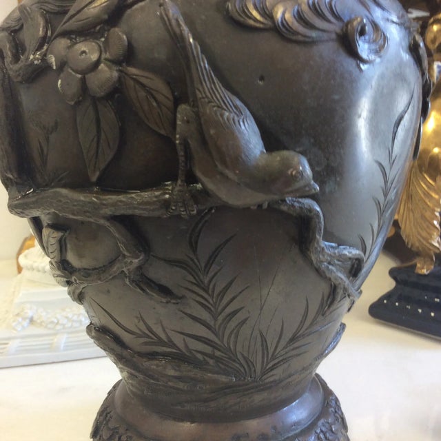 Meiji Period Japanese Bronze Vase With Birds, Branches & Foliage For Sale - Image 12 of 13