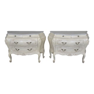 Pair of Fantastic French Rococo Bombe Distressed Off-White Painted Commodes For Sale