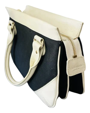 Vintage Kate Spade New York Black Canvas & White Leather Satchel Bag – Triple Compartment Designer Handbag With Polka Dot Lining
