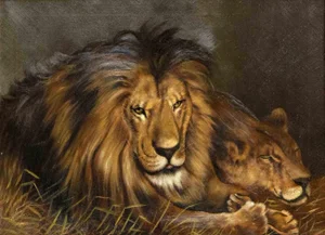 Unknown, Lions, Oil Painting, 1950s