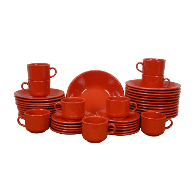 Late 20th century 43 piece set of red ISG ceramic dinnerware / china. Made in Italy. Set includes: Serving Bowl, 12 Salad...