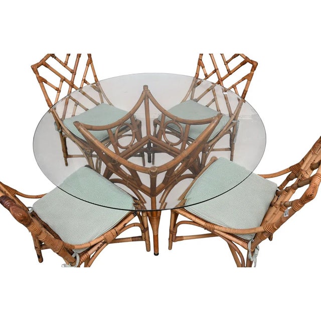 1960s 4 Vintage Rattan Style Side Chairs, Cane Seats With Green/White Cushions For Sale - Image 5 of 8