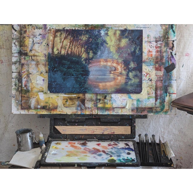 Toulouse Canal de Brienne Bridge by Christopher Clark | Oil and Acrylic on Wood Panel Landscape with a bridge over a canal surrounded by trees. For Sale - Image 4 of 4