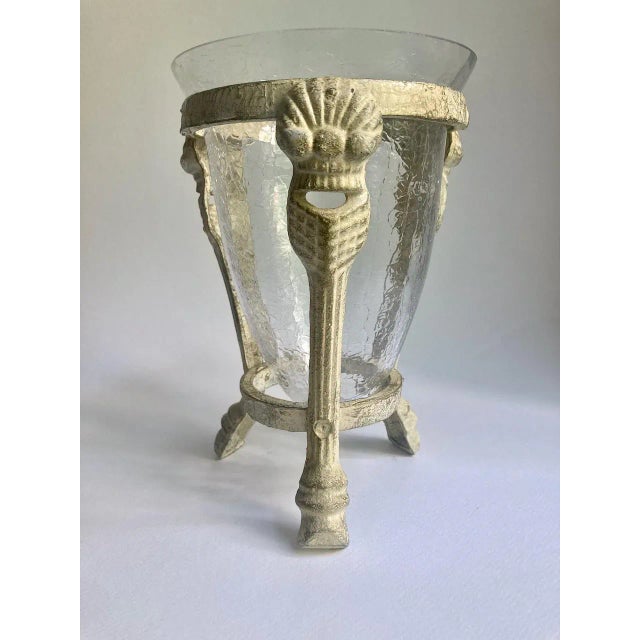 Modern Off White Metal Urn Vase With Crackle Glass Insert, 1980's For Sale - Image 3 of 12