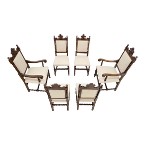 Carved Oak Lion Heads Twisted Legs New Upholstery Jacobean Dining Chairs - Set of 6