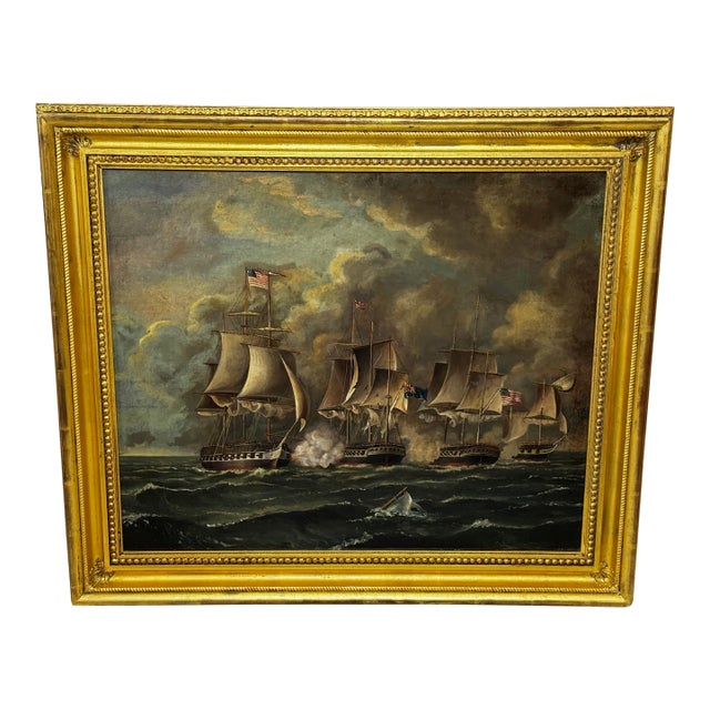 War of 1812 Marine Sea Battle Oil Painting — Old Ironsides Uss Constitution Captures HMS Cyane & HMS Levant, English School c.1830 Framed For Sale