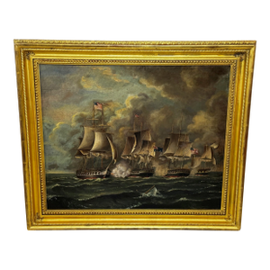 War of 1812 Marine Sea Battle Oil Painting — Old Ironsides Uss Constitution Captures HMS Cyane & HMS Levant, English School c.1830 Framed