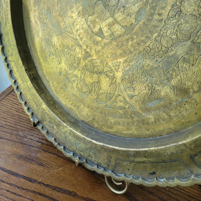 Metal Lg VTG Oriental Brass Serving Tray or Wall Decor Hong Kong W/Hanger + Stand Boho For Sale - Image 7 of 13