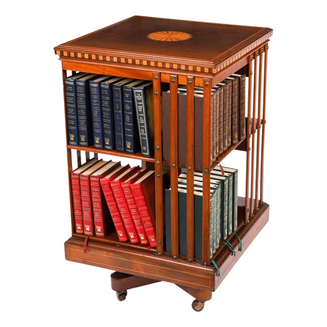 Antique Edwardian Flame Mahogany and Inlaid Revolving Bookcase, 1890s For Sale