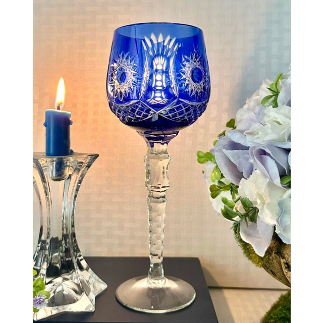 Mid 20th Century Mid 20th Century Bohemian Wine Goblets Cobalt Blue Cut to Clear - A Pair For Sale - Image 5 of 10