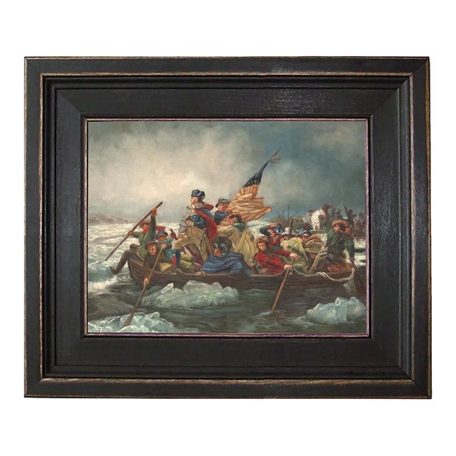 George Washington Crossing Delaware Framed Oil Painting Print on Canvas in Distressed Black Frame/Wood For Sale