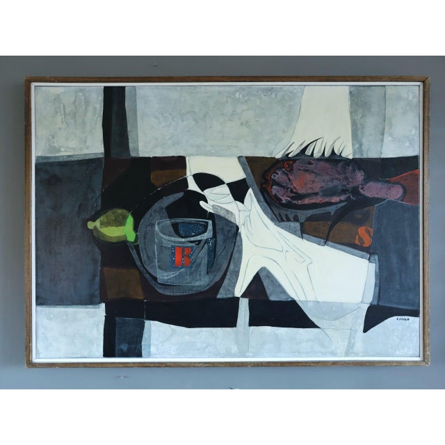 LEMON & FISH Size: 22 x 28.5 inches (including frame) Oil on canvas A striking and brilliantly executed mid-century still...