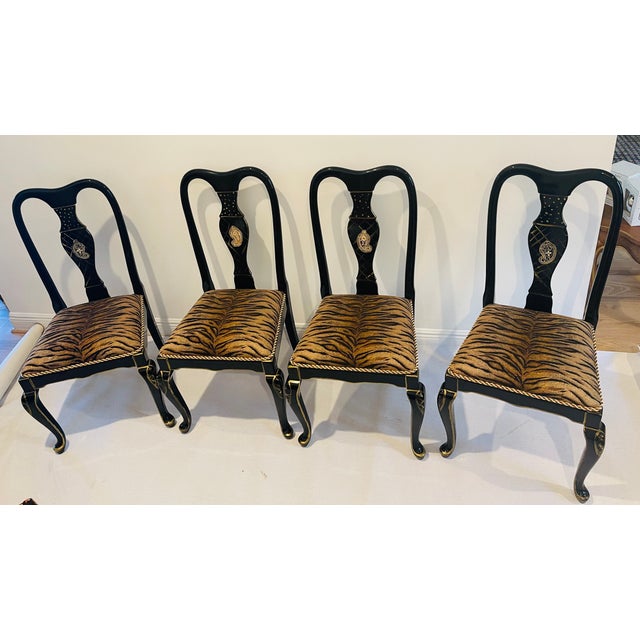 Black Gorgeous Regency Mid 20th Century Set of 4 Dining Chairs Black Lacquer TigerBrocade For Sale - Image 8 of 14
