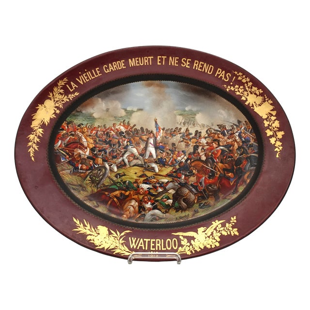 Large Hand-Painted Wall Charger Plate Depicting Waterloo Battle with Napoleon by Jean Antoine Mertel, 1866 For Sale