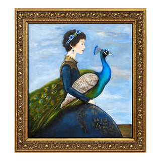 Vintage Painting of Woman With Peacock in Ornate Gold Frame – Contemporary Figurative Art For Sale