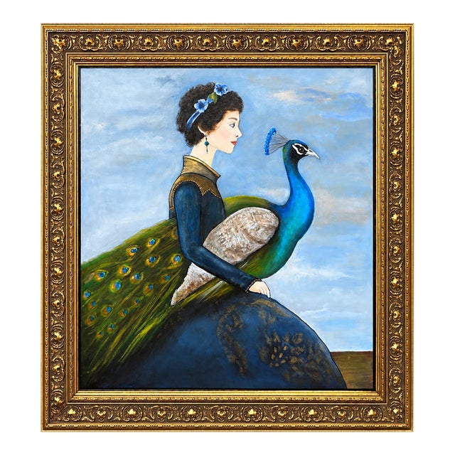Vintage Painting of Woman With Peacock in Ornate Gold Frame – Contemporary Figurative Art For Sale