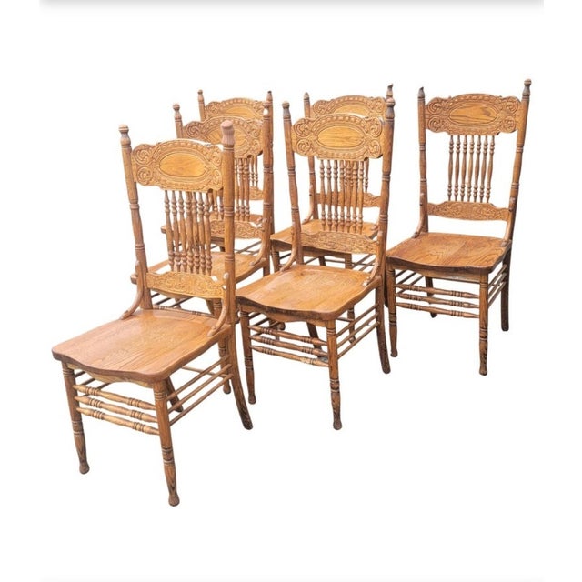 Vintage Mona Liza Furniture Handcrafted Oak Press Back Dining Chairs