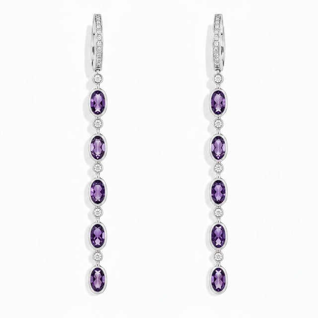Hinged Hoop Amethyst Drop Earrings. Elegant Huggie Hoop Earrings with Natural Amethyst. Elegant long drop earrings with...