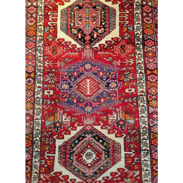 French Country Antique Persian Heriz Karajeh Runner, Geometric Medallion Pattern, Red & Navy, 4’ X 14’ For Sale - Image 3 of 7