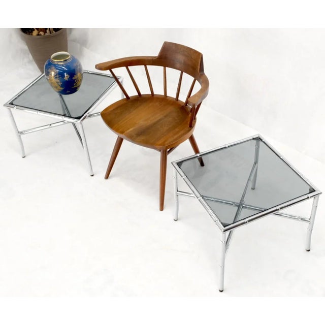Metal Pair of Chrome Metal Faux Bamboo x Base Smoked Glass End Side Tables For Sale - Image 7 of 13