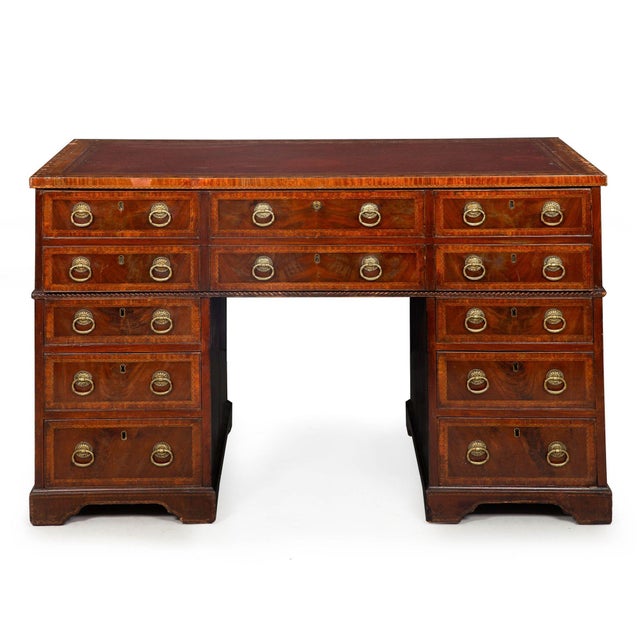 GEORGE III INLAID MAHOGANY TOOLED LEATHER PEDESTAL DESK Executed by James Winter & Sons, England circa 1830 Stamped JAMES...