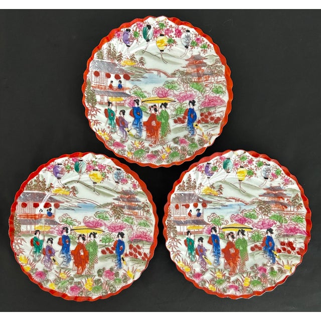 Ceramic 1920’s Antique Japanese Chinoiserie Hand Painted Traditional Geisha Girl & Pagoda Plates & Small Bowls - a 25 Piece Set For Sale - Image 7 of 12