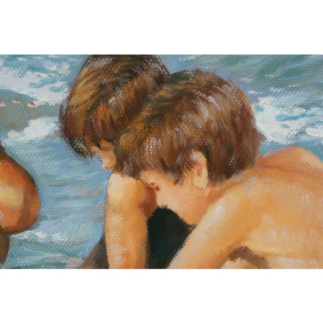 Late 20th Century Timeless Treasures Coastal Seascape Family on the Beach Oil Painting 20" For Sale - Image 6 of 12