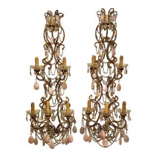 Pair of Italian Large Scale Beaded and Rose Quartz Sconces For Sale