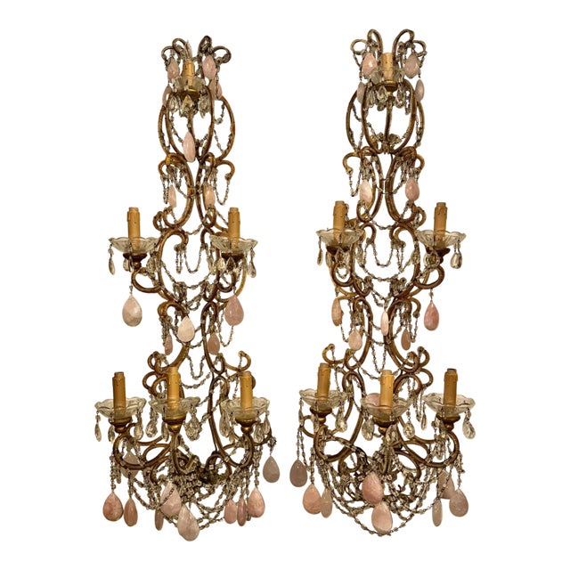 Pair of Italian Large Scale Beaded and Rose Quartz Sconces For Sale