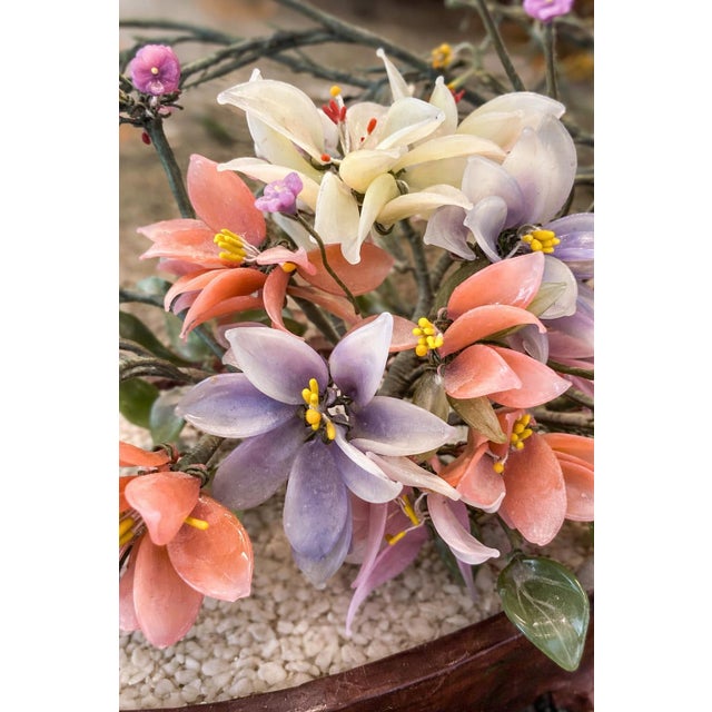 Sculpture Materials Vintage Chinese Hardstone-Style Floral Centerpiece on Carved Root-Form Base – 20” Wide For Sale - Image 7 of 7