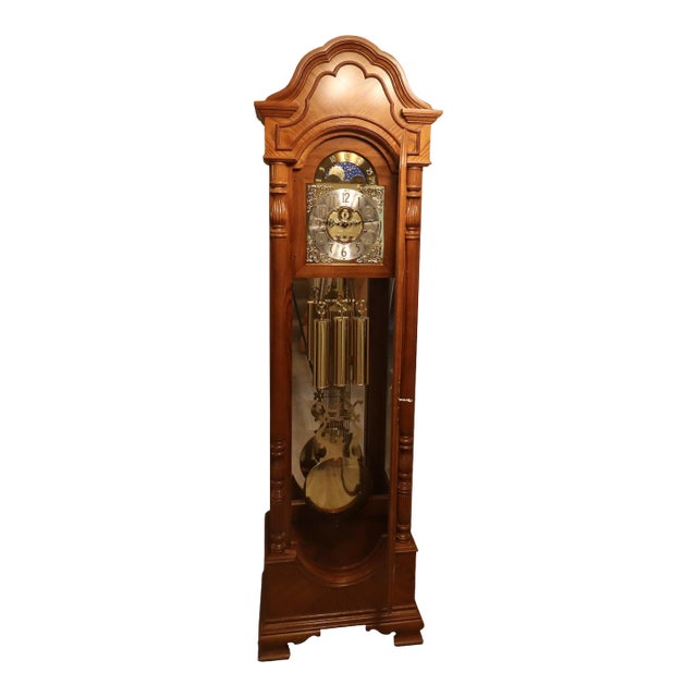 Ridgeway Model 9109 Illuminated Moon Phase Triple-Chime Grandfather Clock, Oak Case, Circa 1992 For Sale