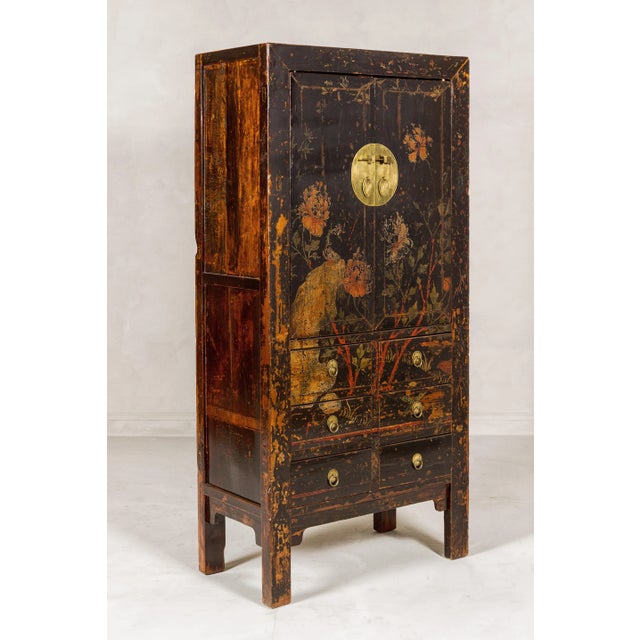 Qing Dynasty Hand-Painted Cabinet with Floral Décor, Doors and Drawers For Sale - Image 11 of 12