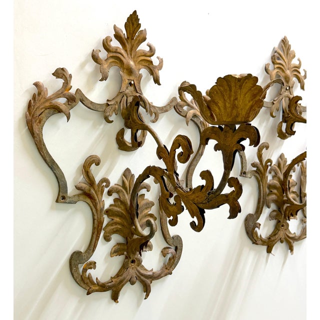 Large Pair of Venetian Gilt & Polychromed Tole Candle Sconces Italy, circa 1890s 26" H x 15" W x 9" D This impressive pair...