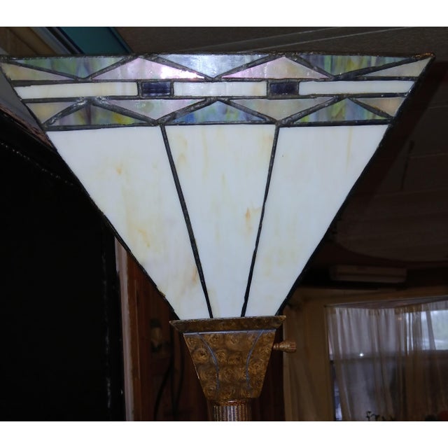 Contemporary 1970s Arts & Crafts Style Stained Glass Torchiere Floor Lamp For Sale - Image 3 of 7