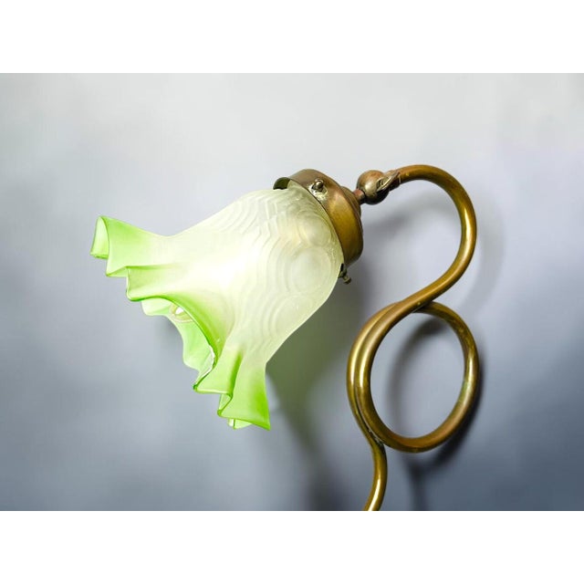 Metal Art Nouveau Whiplash Curve Brass Tulip and Green Glass Table Lamp, 1950s For Sale - Image 7 of 14