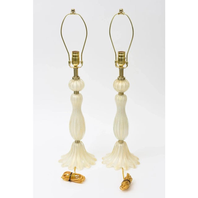 Brass Vintage 1940's Murano Rare Barovier E Toso Glass Tiered Tables Lamps With Gold Aventurine and Brass Ring FittingsMCM For Sale - Image 8 of 11