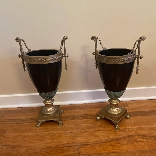 Mid 20th Century Neoclassical Black & Bronze Vases or Urns - a Pair For Sale - Image 6 of 6
