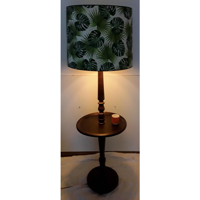 Round Dark Stained Wood Side Table with Rotating Top, Integrated Floor Lamp & Green Patterned Fabric Lampshade, 1950s For Sale - Image 10 of 12