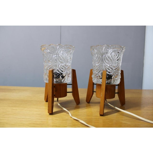 Mid-Century Czech Wood and Glass Table Lamps, 1970s, Set of 2 For Sale - Image 4 of 11