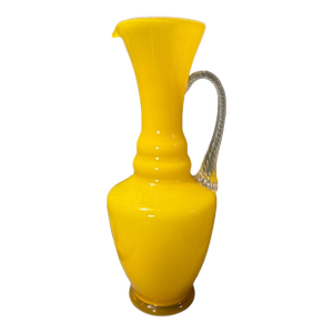 Vintage 12.25" Yellow Art Glass Ewer Pitcher With Twisted Clear Glass Handle