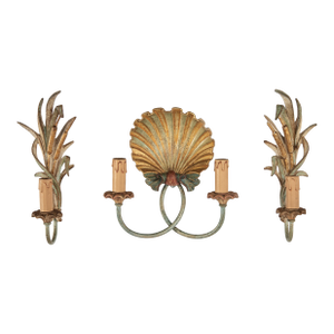 Antique Italian Three Piece Sconce Set With Seashell and Cat Tails