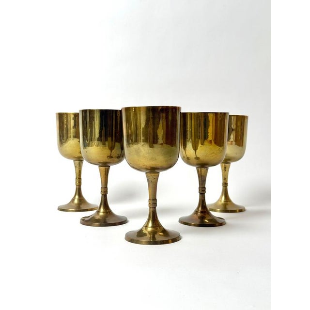 Hollywood Regency Vintage Brass Wine Goblets with Worn Silvered Interiors, 1960s, Set of 5 For Sale - Image 3 of 13